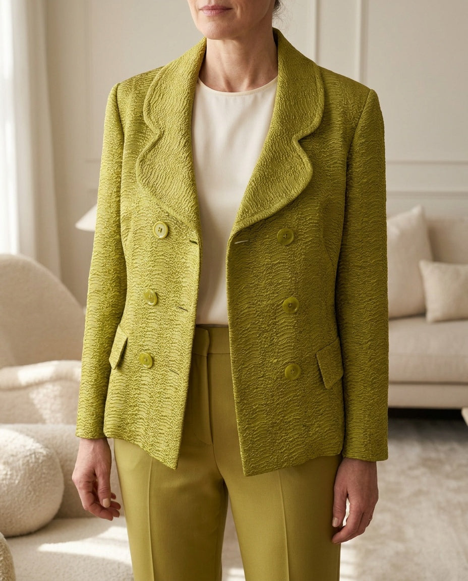 LUCA LUCA Double-Breasted Cropped Jacket in Chartreuse Green with Textured Jacquard Pattern - photo 4
