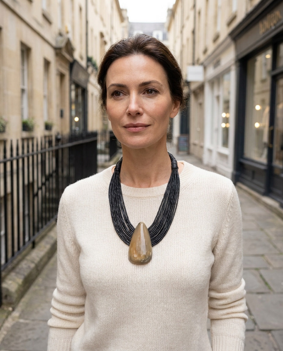 Mid-20th Century Multi-Strand Leather Cord Bib Necklace with Teardrop Pendant - photo 4