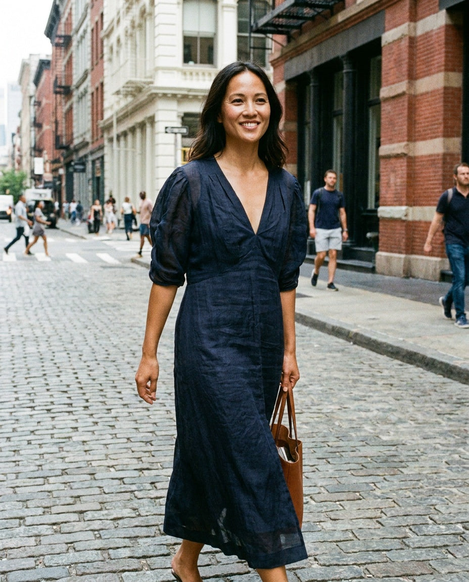 FRAME Navy Semi-Sheer Midi Dress with Puff Sleeves - photo 4