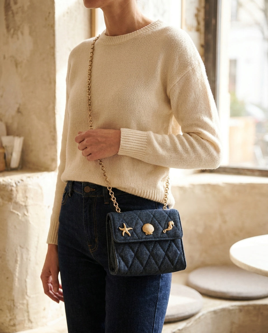 Quilted Denim Mini Chain Shoulder Bag with Sea-Motif Hardware - photo 4