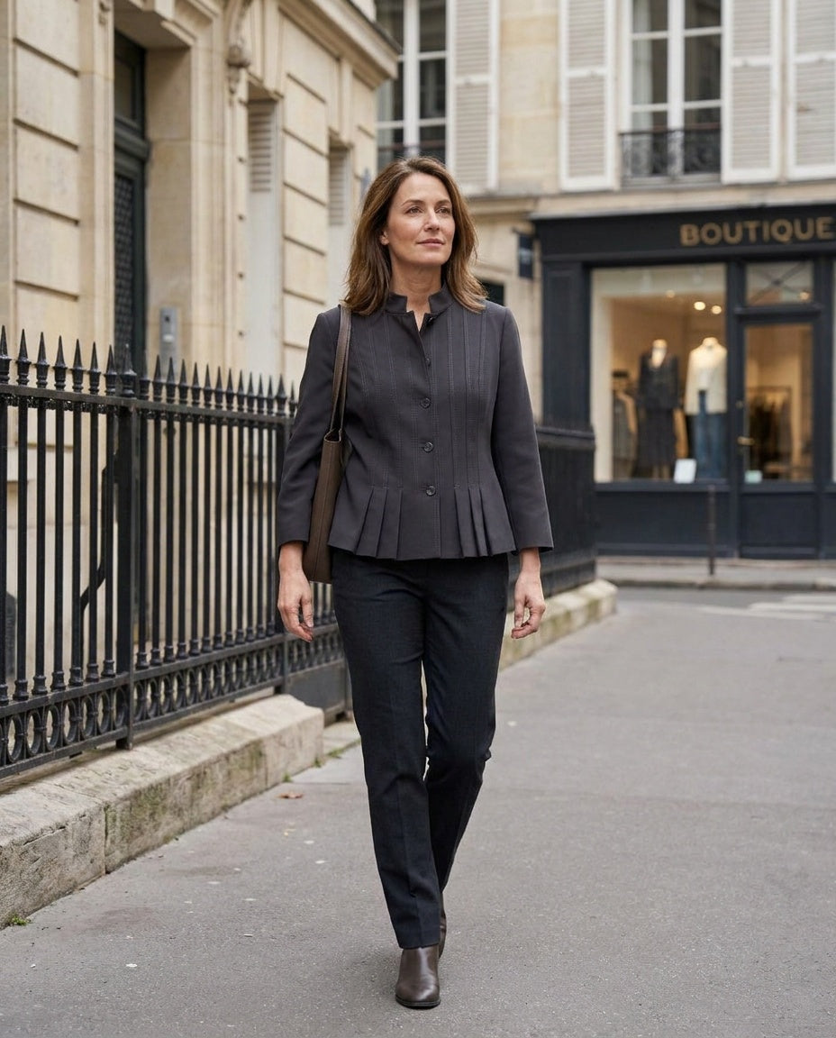 Lafayette 148 New York Charcoal Gray Cropped Structured Jacket with Topstitching and Pleated Hem - photo 4