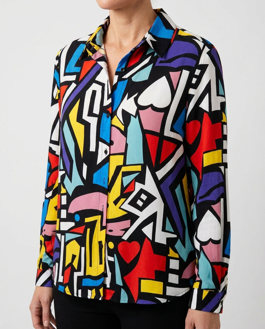 BIG DART 1980s-1990s Long-Sleeve Abstract Geometric Print Blouse - photo 4