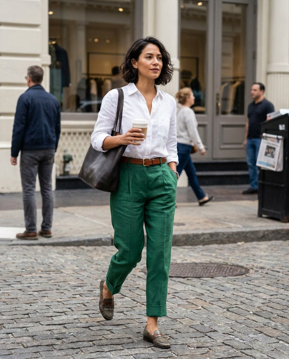 Massimo Dutti Emerald Green Pleated Tapered Trousers with Cuffed Hem, 62% Linen / 38% Viscose - photo 4