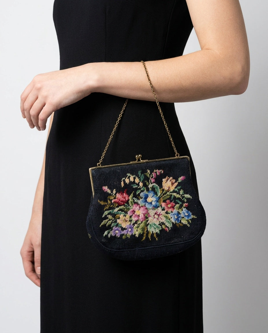 Needlepoint Evening Bag with Floral Bouquet and Gold-Tone Chain Strap - photo 4