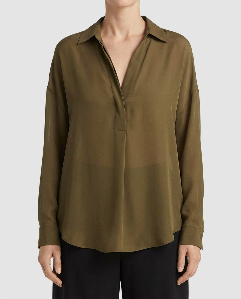 Vince Olive Green Silk Long-Sleeve Blouse with Scalloped Hem and Sheer Back Yoke - photo 4