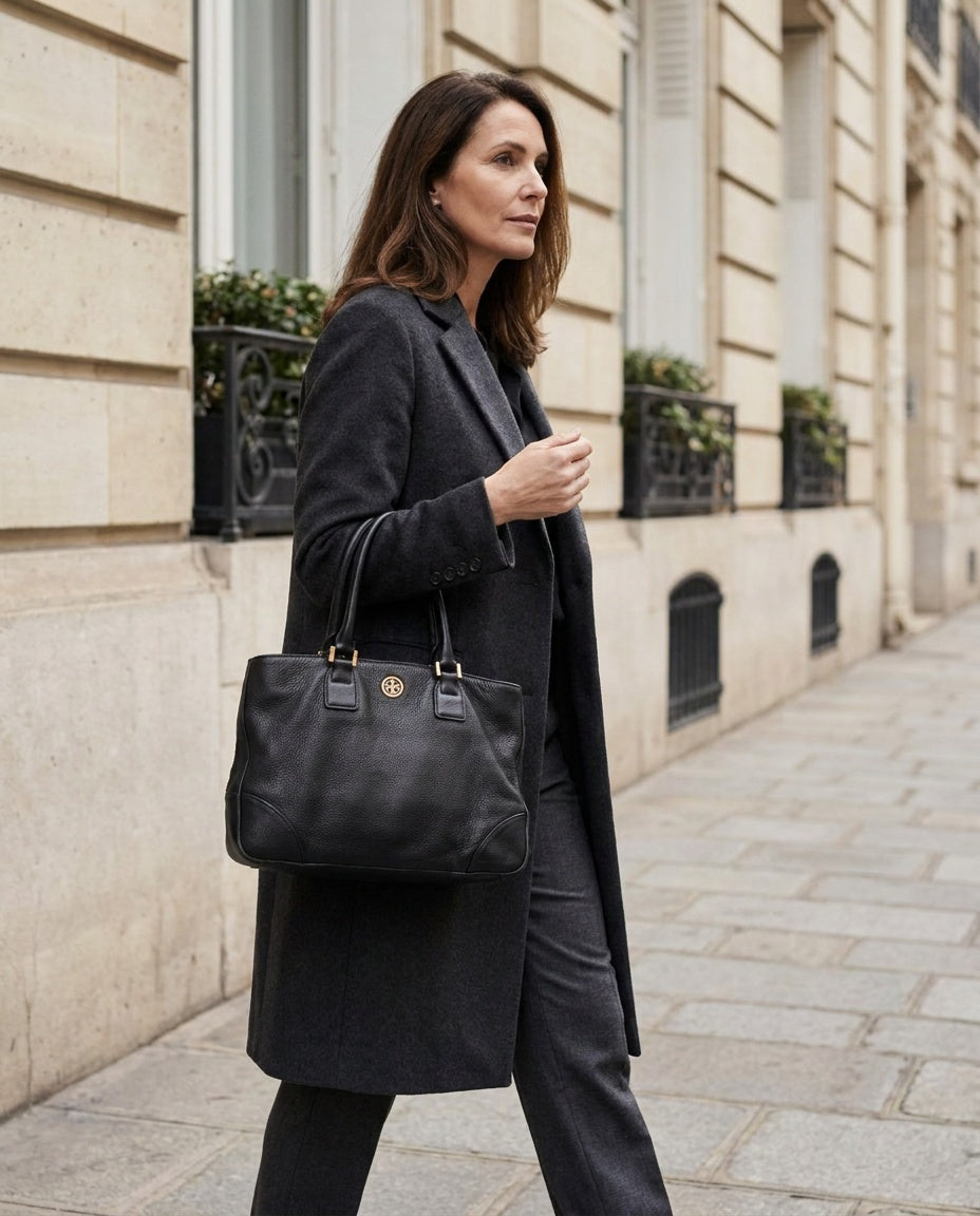 Tory Burch Black Pebbled Leather Structured Tote with Gold Hardware - photo 4