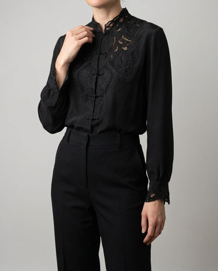 Black Silk Blouse with Cutwork Lace Collar and Frog Closures - Bloomingdale's y.e.s. - photo 5