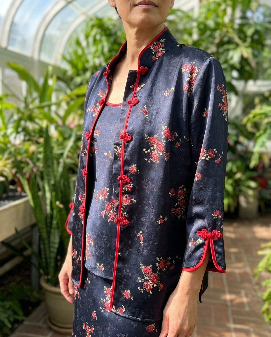 Robbie Bee Petite 100% Silk 2-Piece Jacket & Slip Set - Navy/Red Floral - photo 5