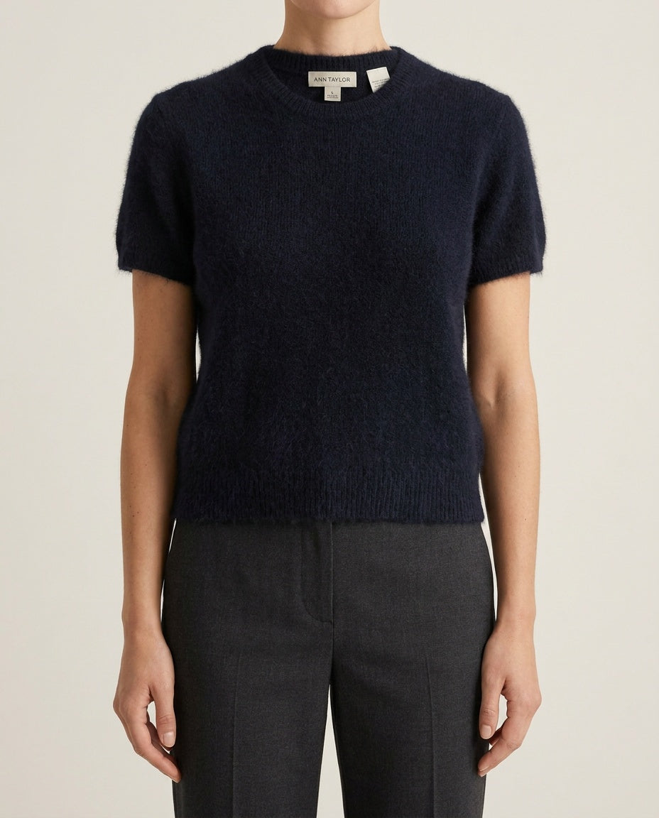 Ann Taylor Short-Sleeve Crewneck Knit Sweater in Dark Navy with Angora Blend - photo 5