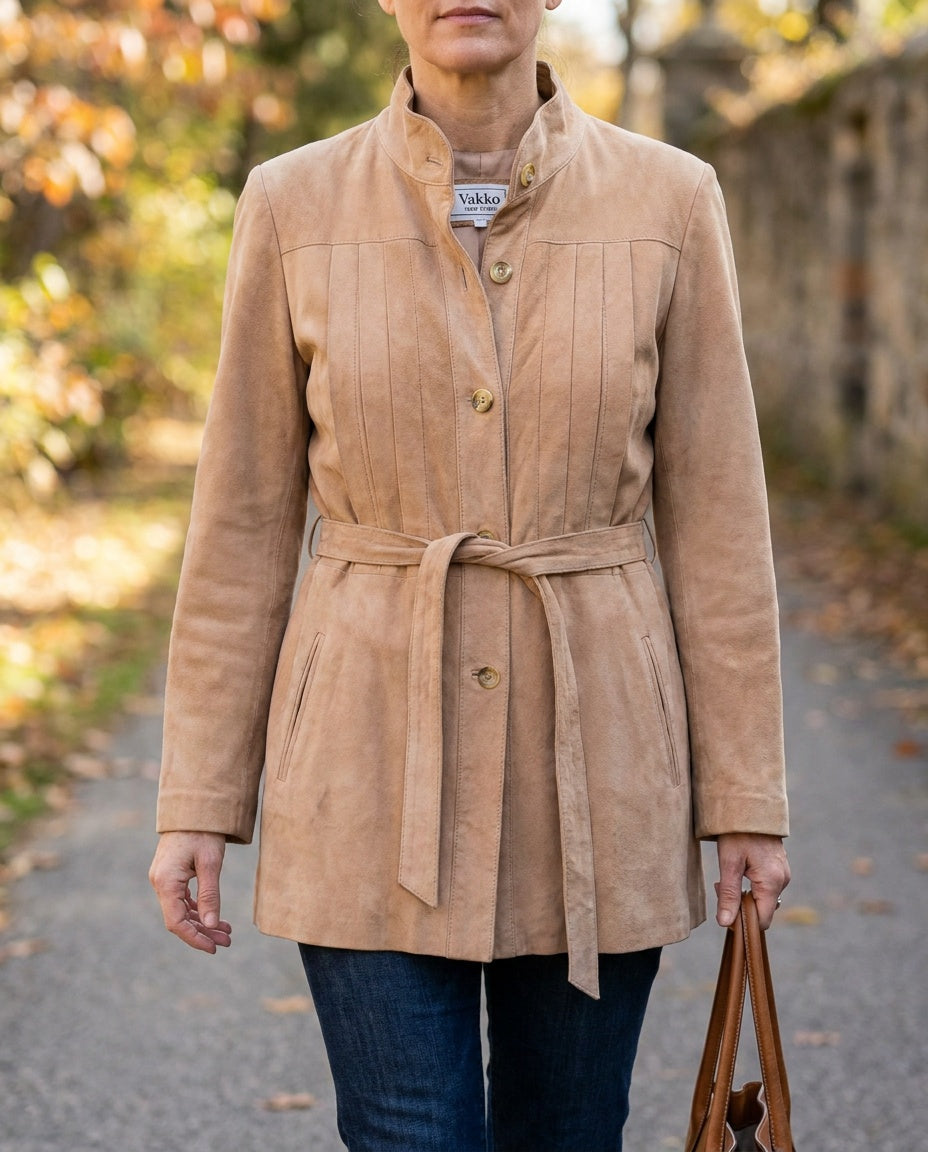Vakko Suede Belted Jacket with Band Collar and Gold Buttons - photo 5