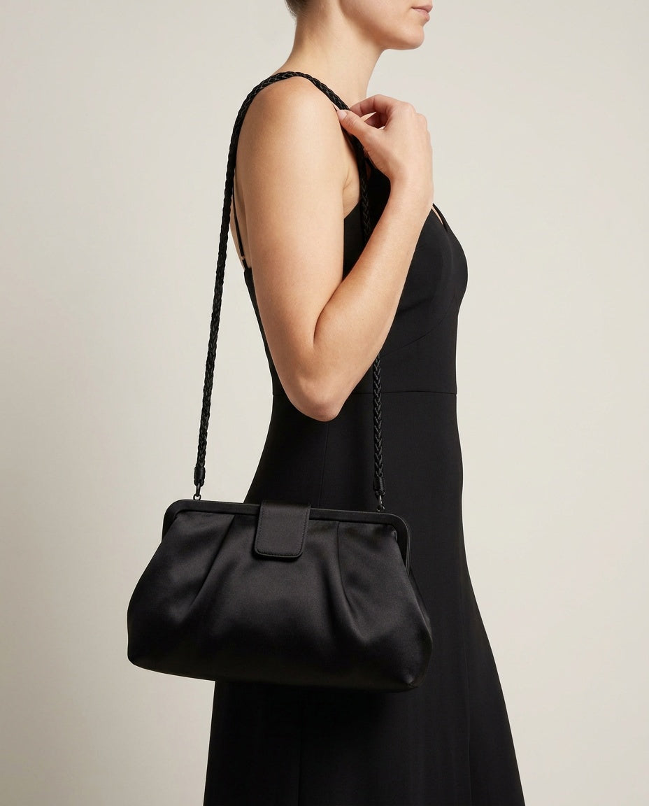 La Regaie Black Satin Evening Clutch with Rigid Frame and Braided Strap - photo 5