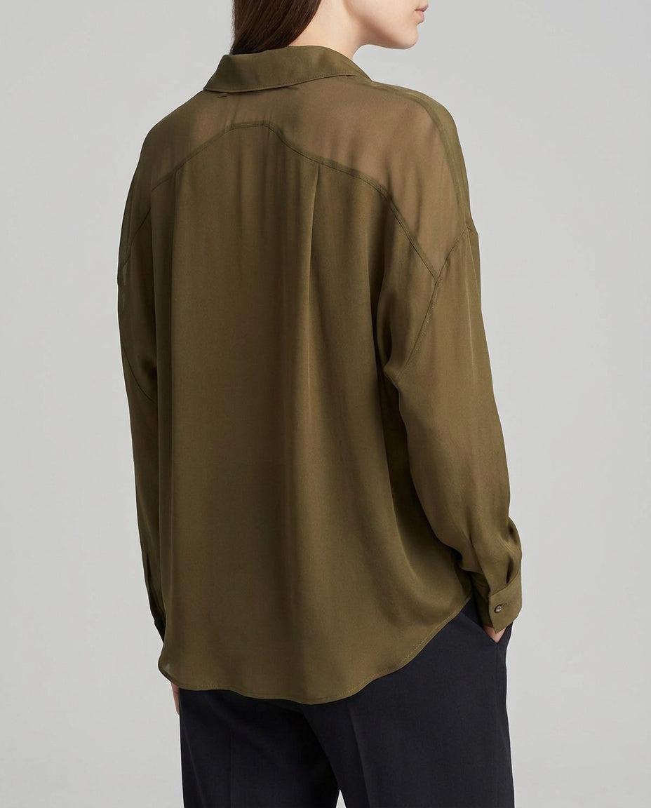 Vince Olive Green Silk Long-Sleeve Blouse with Scalloped Hem and Sheer Back Yoke - photo 5