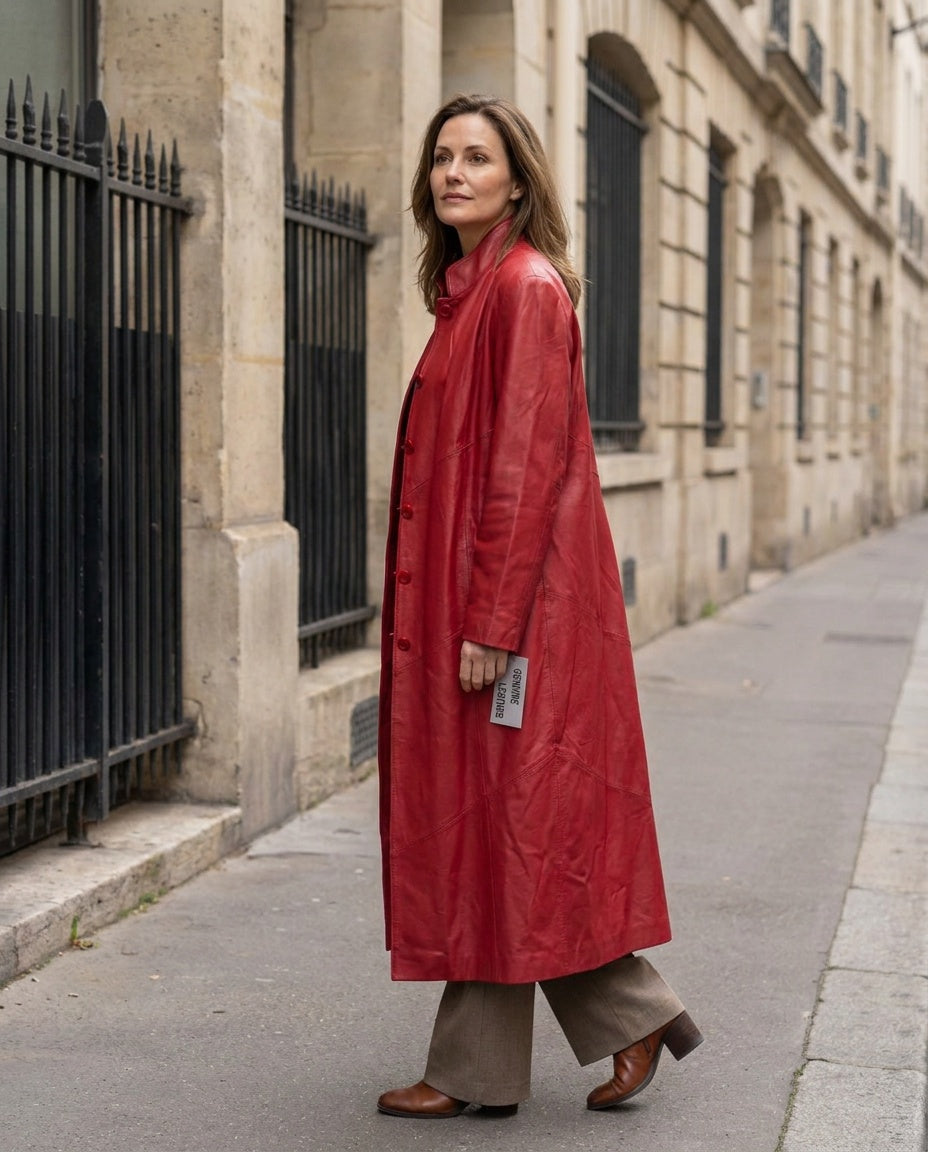 METROSTYLE Red Full-Length Leather Duster Coat with Red Polyester Lining - photo 5