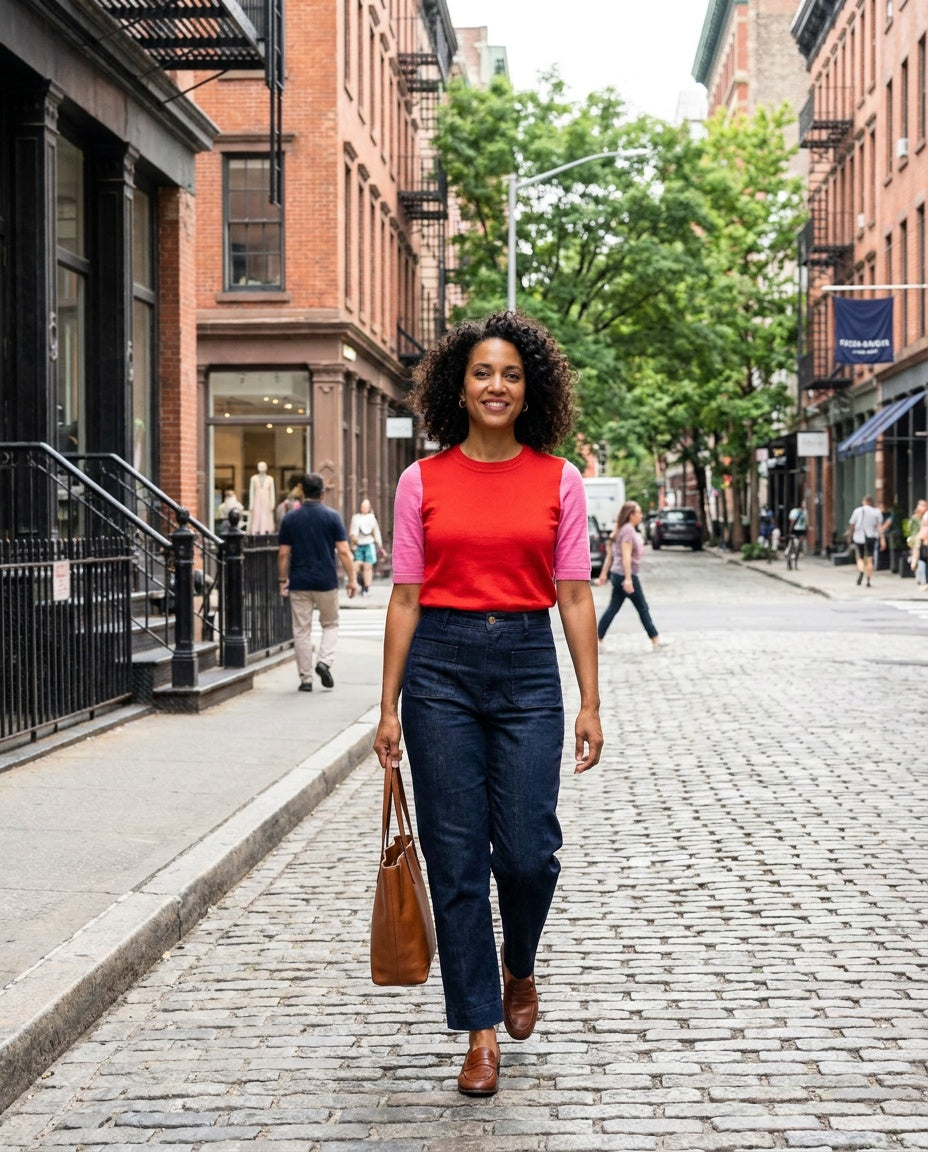 BODEN Color-Block Short-Sleeve Knit Sweater in Red and Pink - photo 5