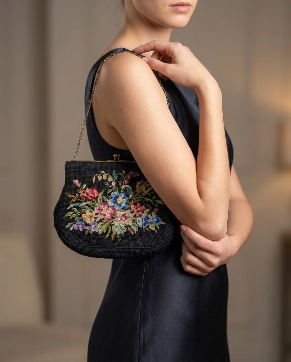 Needlepoint Evening Bag with Floral Bouquet and Gold-Tone Chain Strap - photo 5