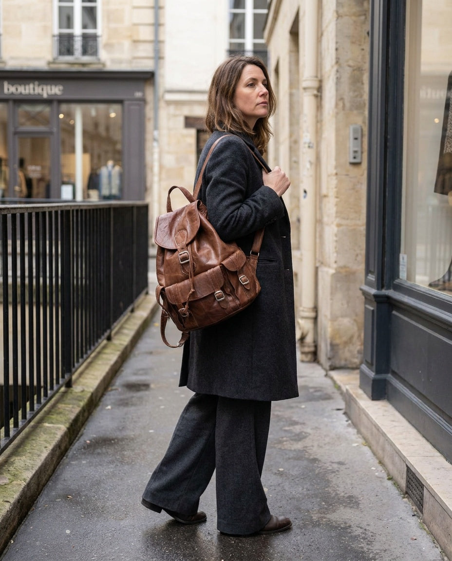 Medium Brown Leather Rucksack with Silver-Tone Buckles - photo 5