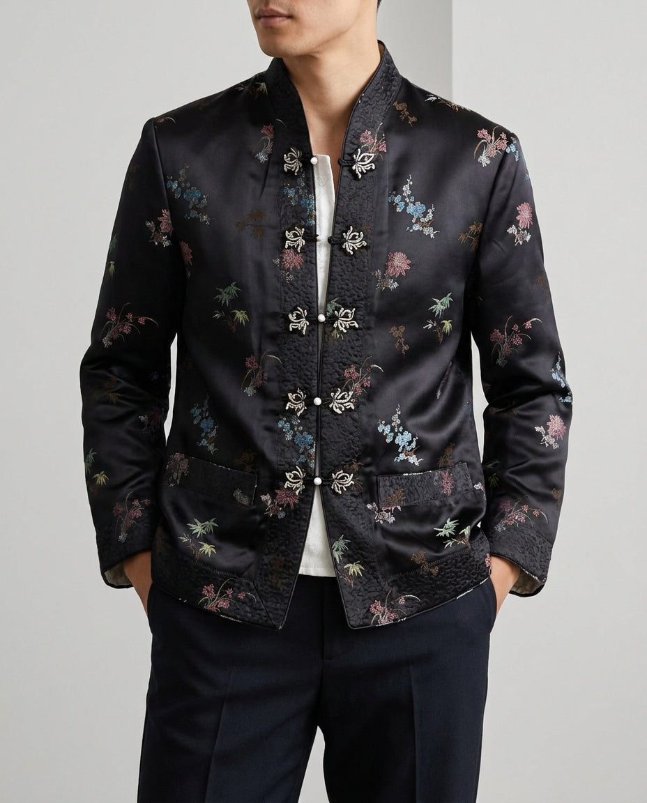 Chinese-Style Satin Jacket with Frog Closures and Floral Print - photo 4