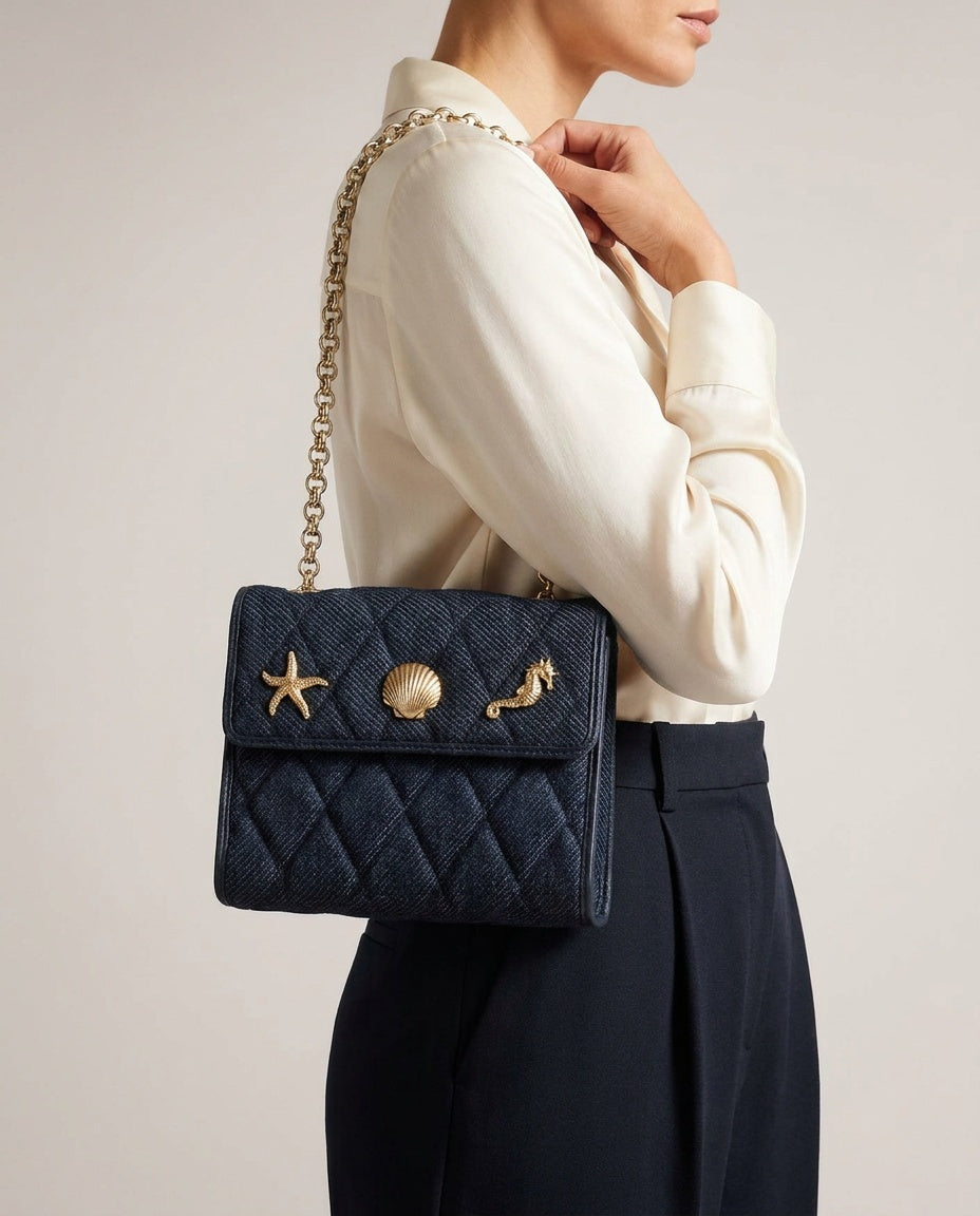 Quilted Denim Mini Chain Shoulder Bag with Sea-Motif Hardware - photo 5
