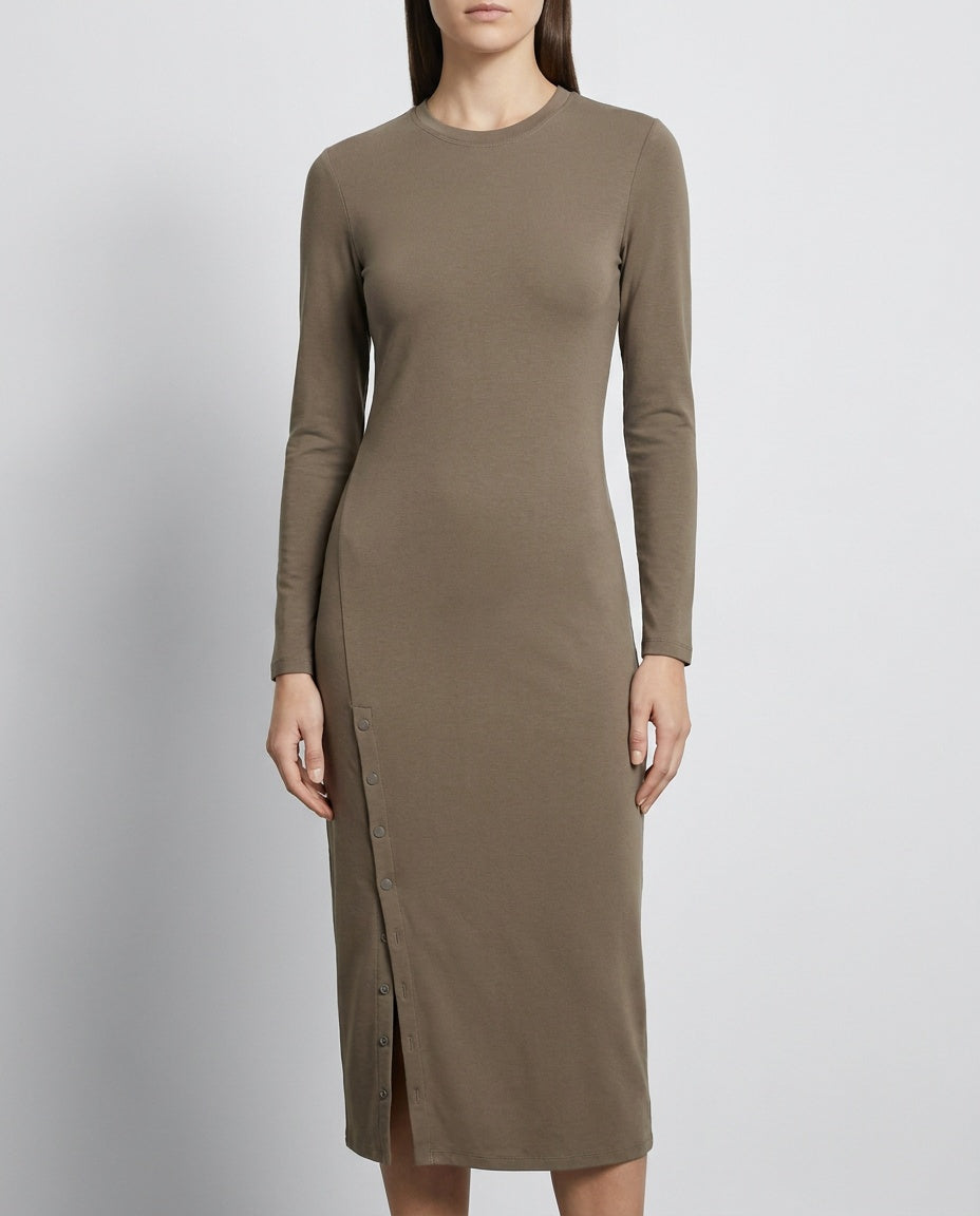 Theory Long-Sleeve Midi Bodycon Dress in Taupe/Olive Brown with Side Snap Closure - photo 5