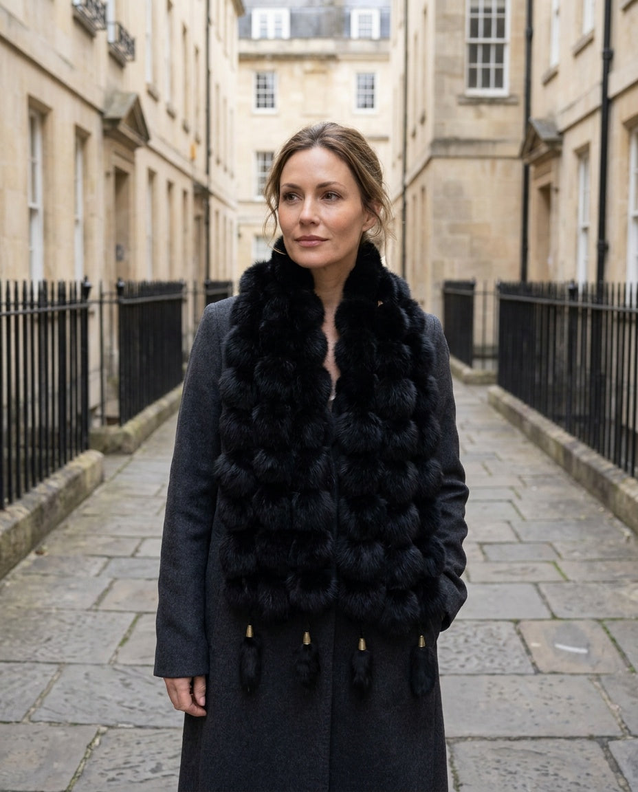 Black Fur Pom-Pom Stole with Gold-Tone Tassel Ends - photo 5