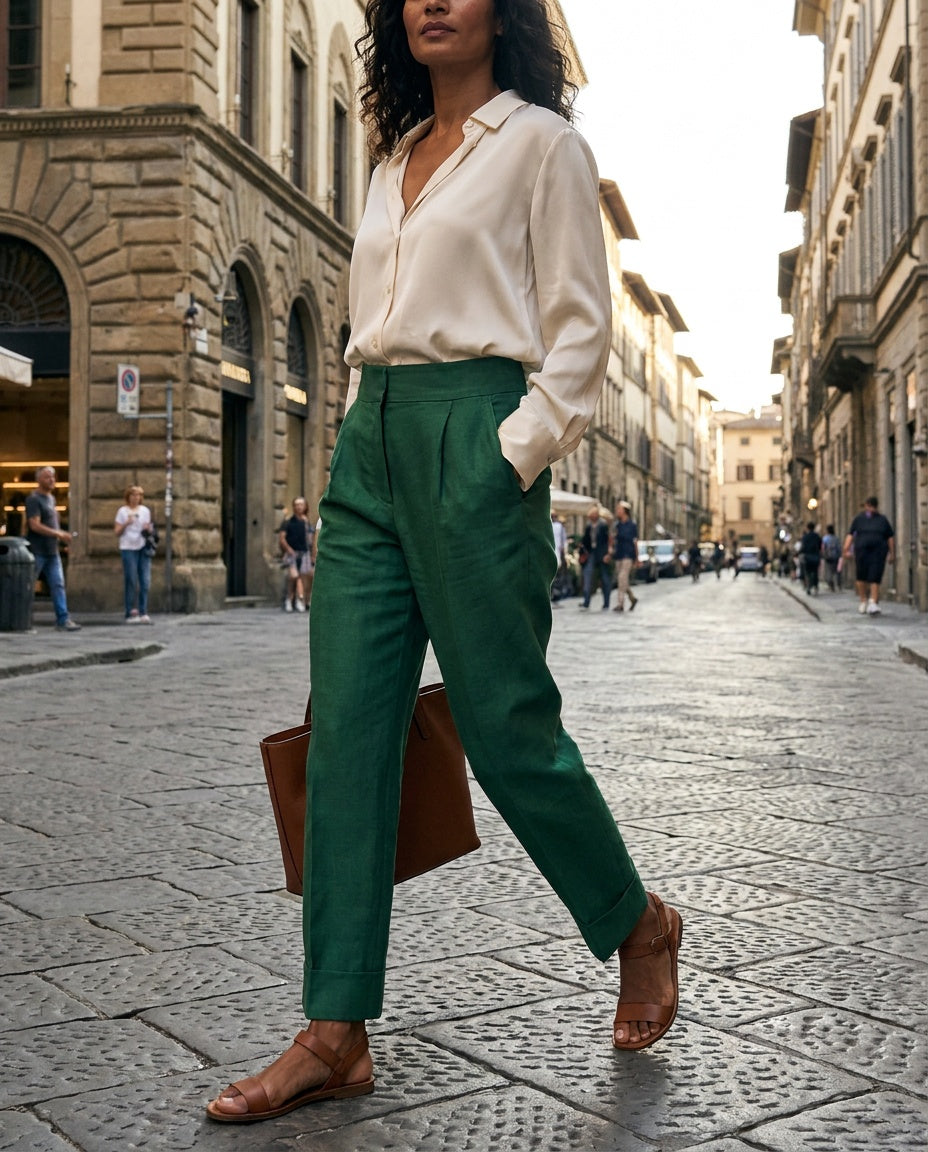 Massimo Dutti Emerald Green Pleated Tapered Trousers with Cuffed Hem, 62% Linen / 38% Viscose - photo 5
