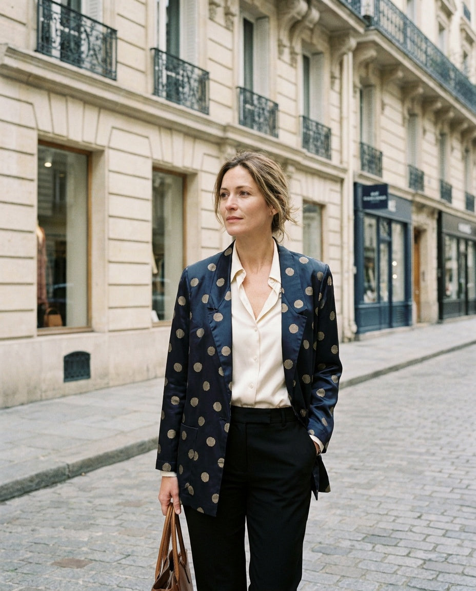 Joanna Navy Blue Satin Blazer with Gold Polka Dot Pattern - photo 5