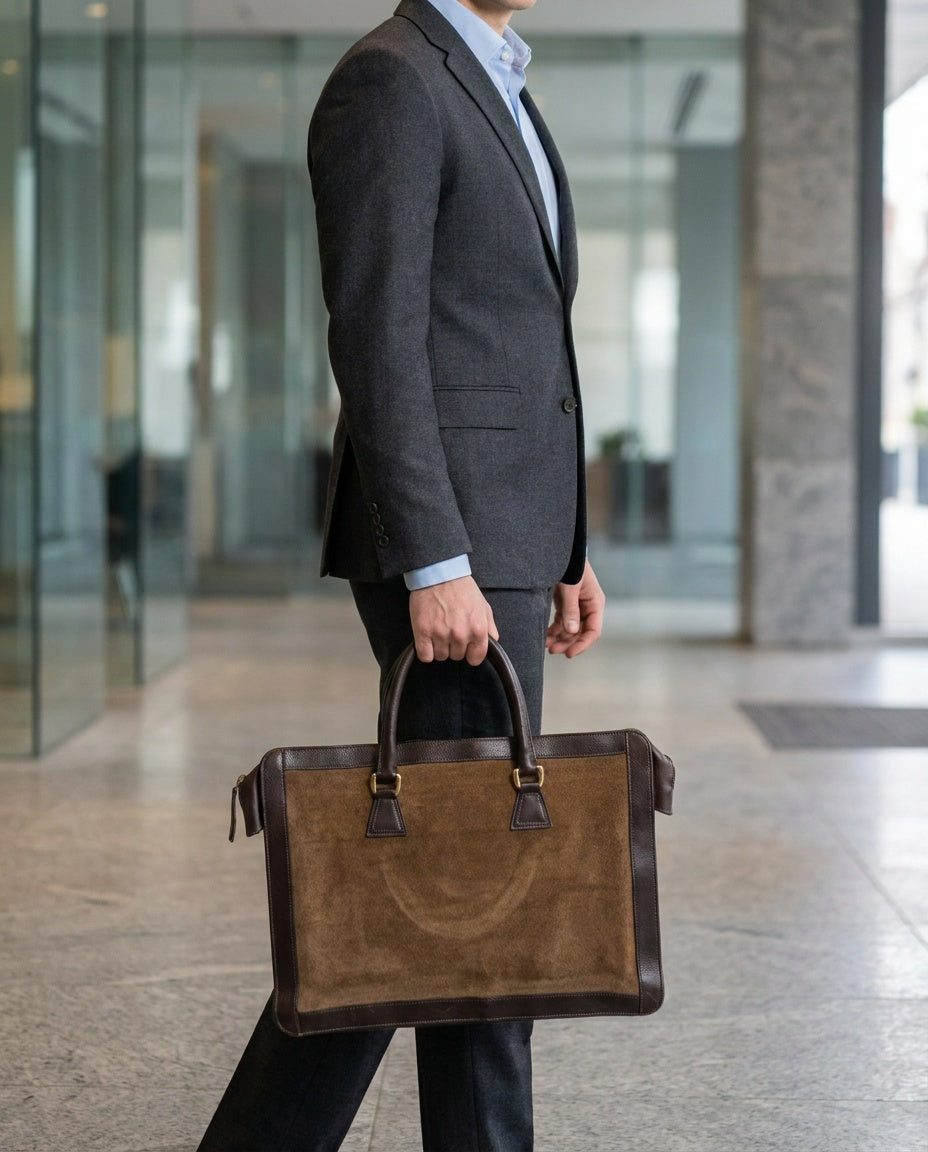 Aldany Structured Tote/Briefcase Bag - Tan/Camel Suede & Dark Brown Leather - photo 5