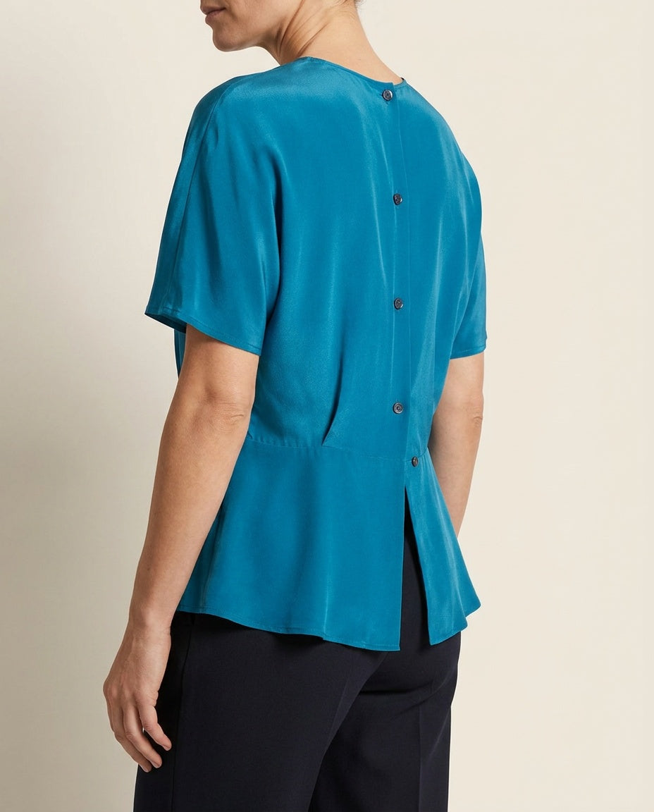 Soft Appeal Teal Silk Blouse with Back Button Closure and Peplum Waist - photo 5