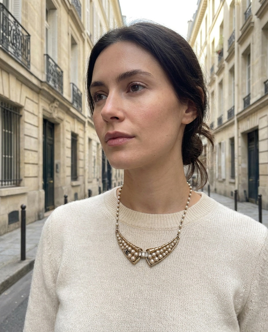 1950s-1960s Mid-Century Gold-Tone Pearl Bib Necklace with Articulated Bib Pendant - photo 5