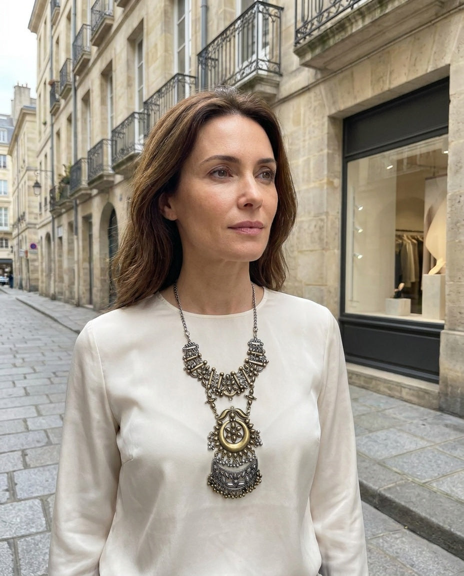 Dual-Tone Chandelier Statement Necklace with Ornate Bib Panels - photo 5