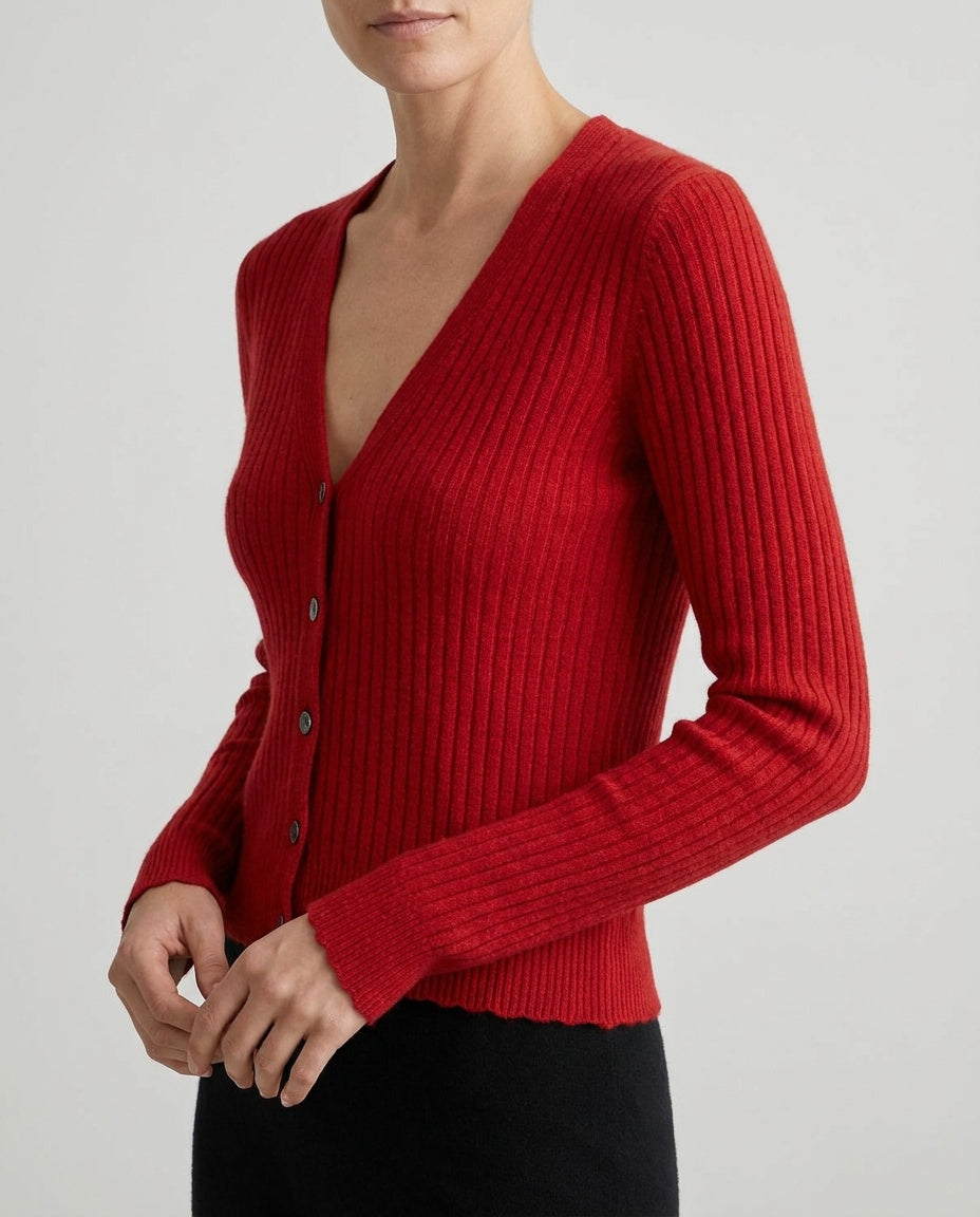 Solid Red Ribbed Cashmere Cardigan - photo 5