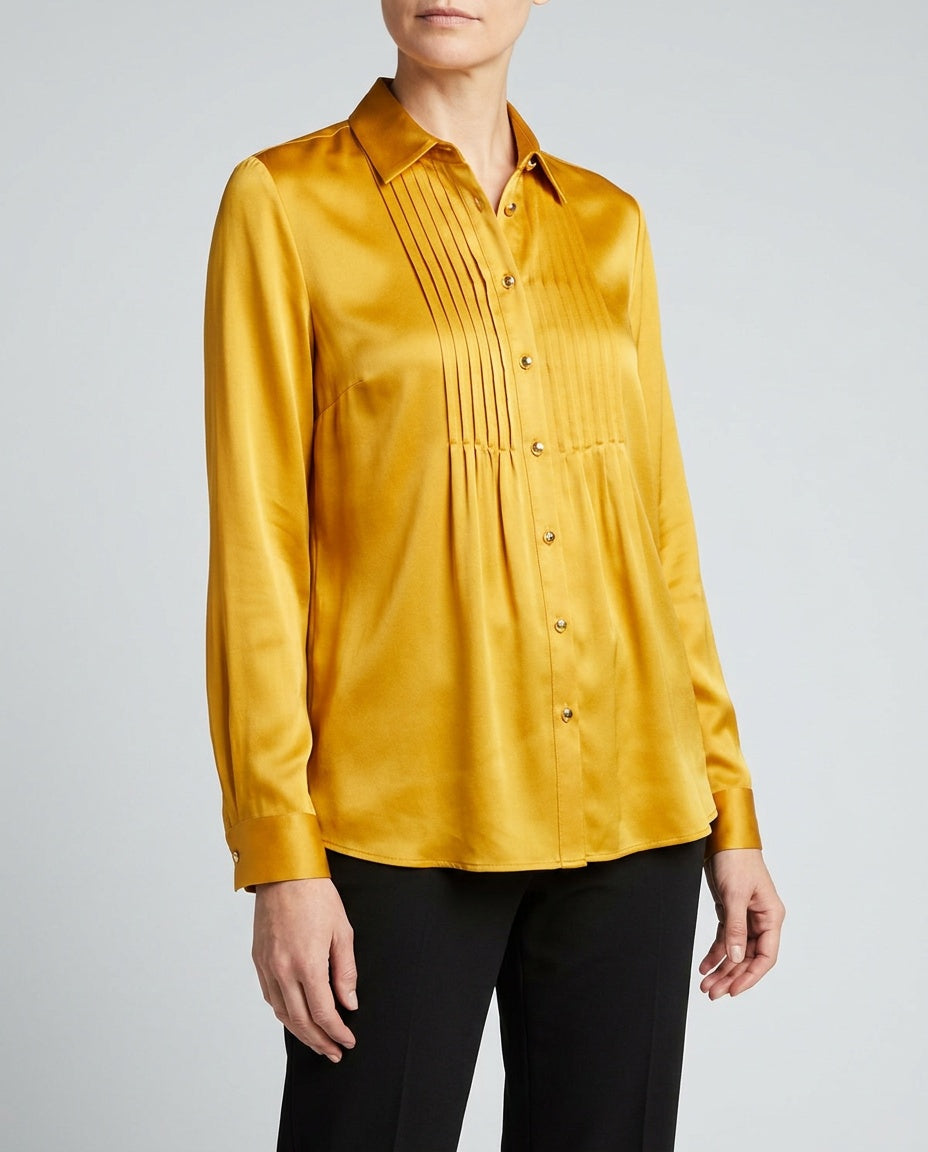 JONES NEW YORK Petite Golden Yellow Satin Blouse with Pintuck Bib - photo 5