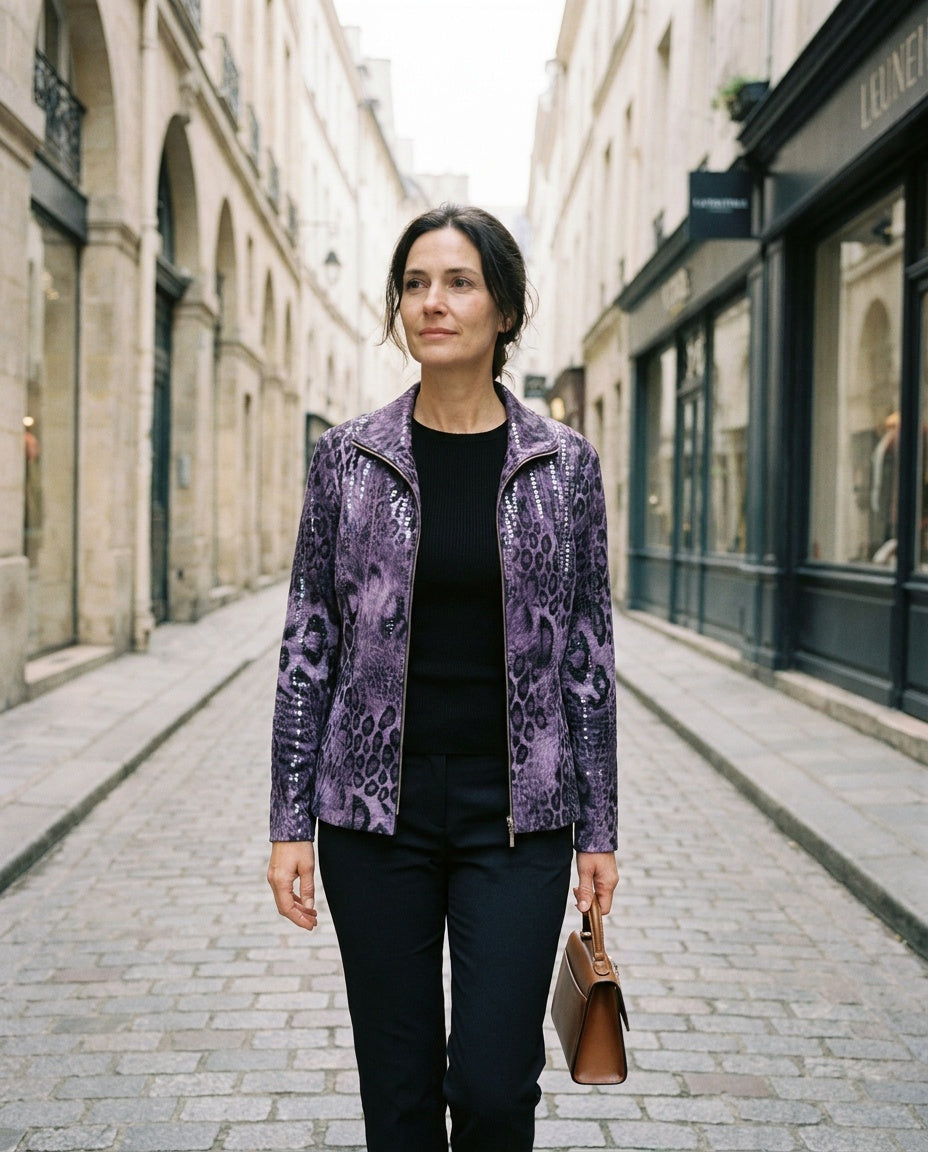Exclusively Misook Purple/Black Leopard Print Zip-Front Long-Sleeve Jacket with Sequin Stripes - photo 5