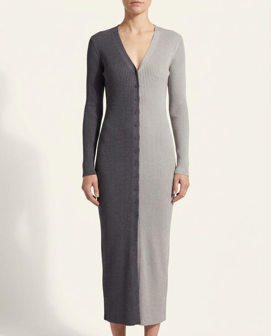STAUD Two-Tone Ribbed Knit Maxi Dress in Dark Grey & Light Grey - photo 5