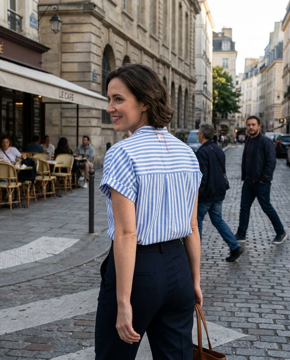 Blue and White Striped Ruffle Blouse with Mandarin Collar - photo 5