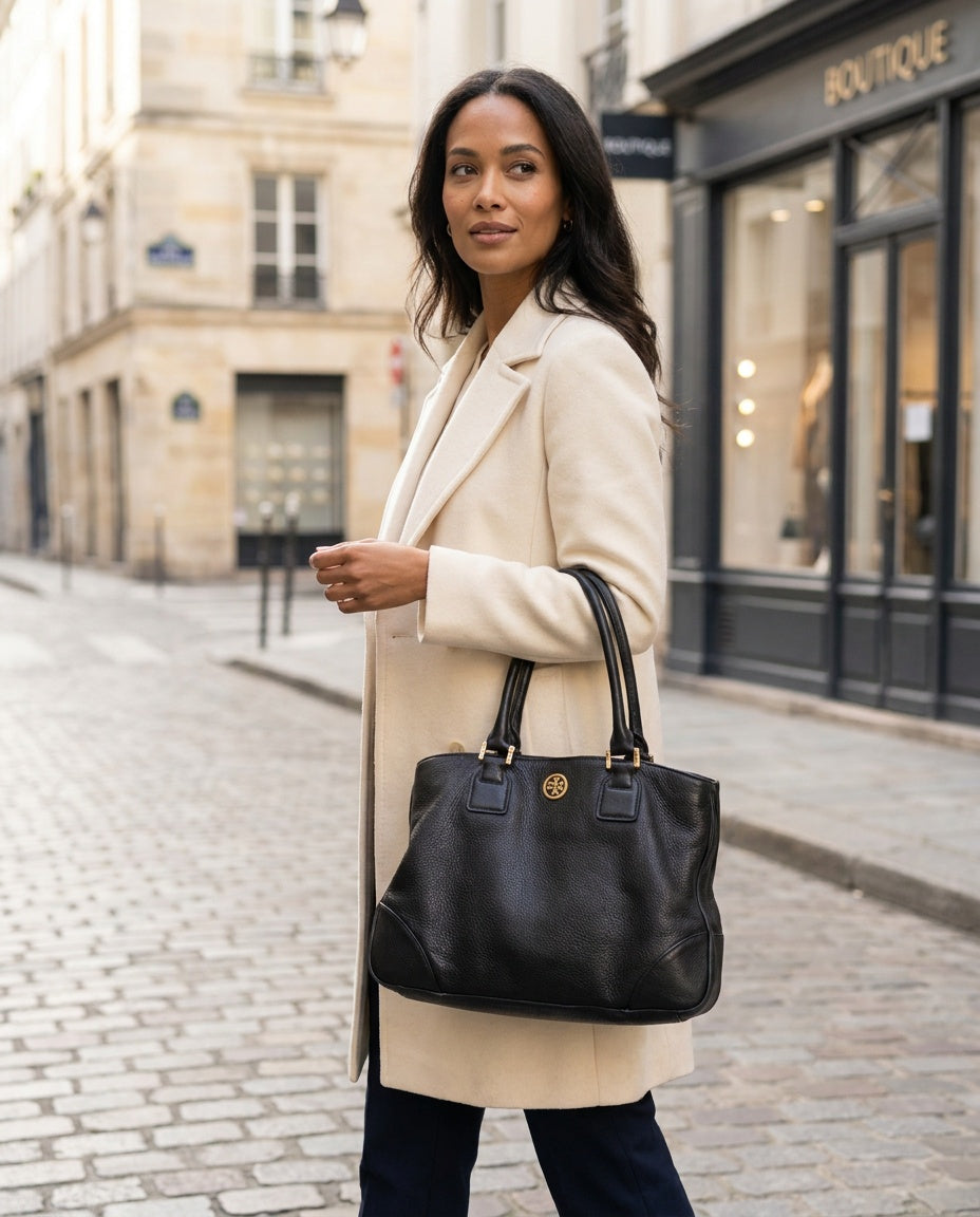 Tory Burch Black Pebbled Leather Structured Tote with Gold Hardware - photo 5