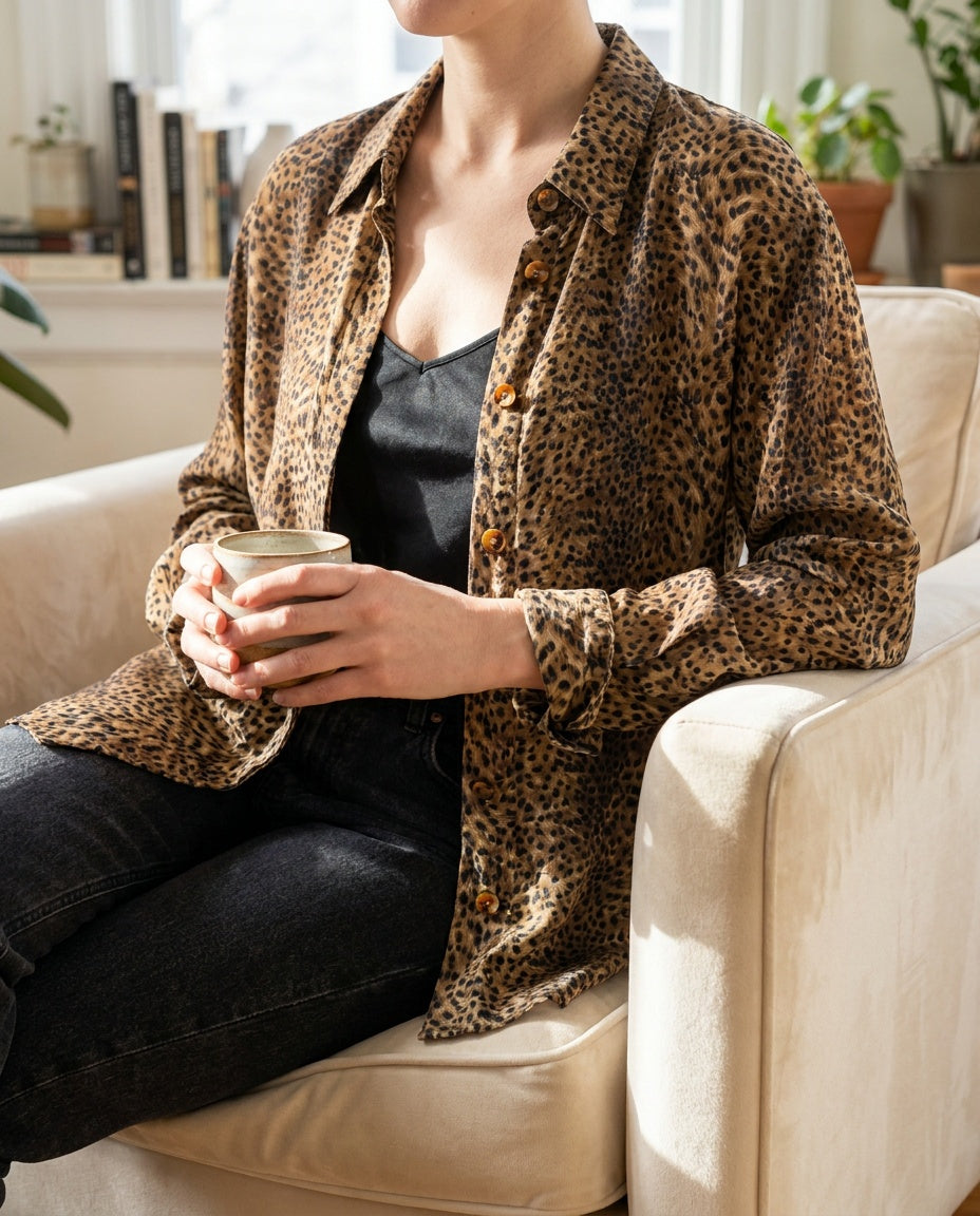 TESS Leopard Print Silk Long-Sleeve Button-Down Blouse - photo 5