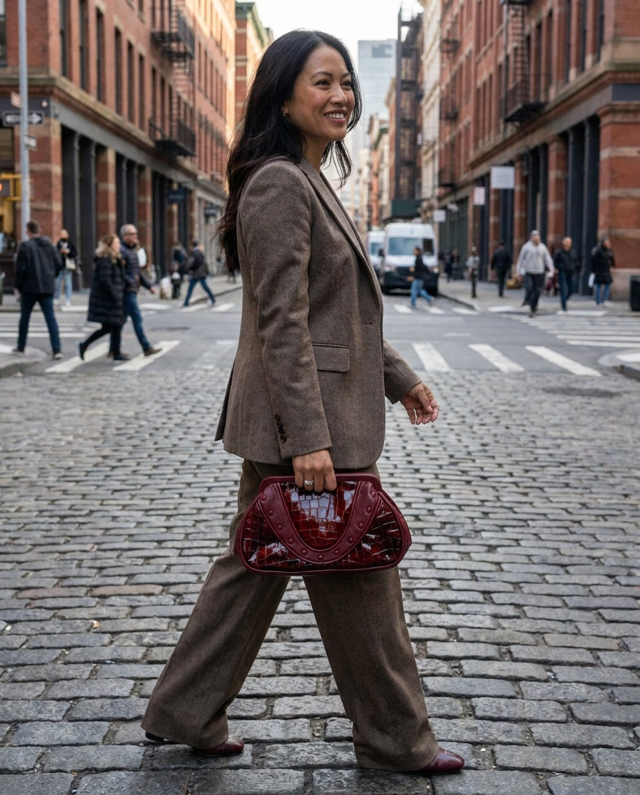 Isabella Fiore Structured Clutch Bag - Deep Burgundy Crocodile Embossed with Gold-Tone Hardware - photo 4