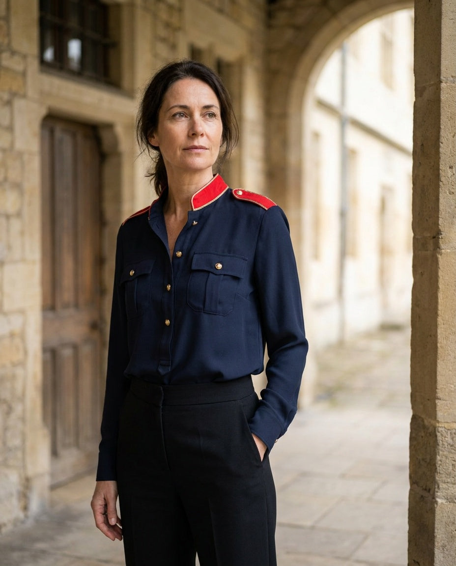 Lauren Ralph Lauren Navy Blue Military-Style Blouse with Red Epaulettes and Gold Trim - photo 5