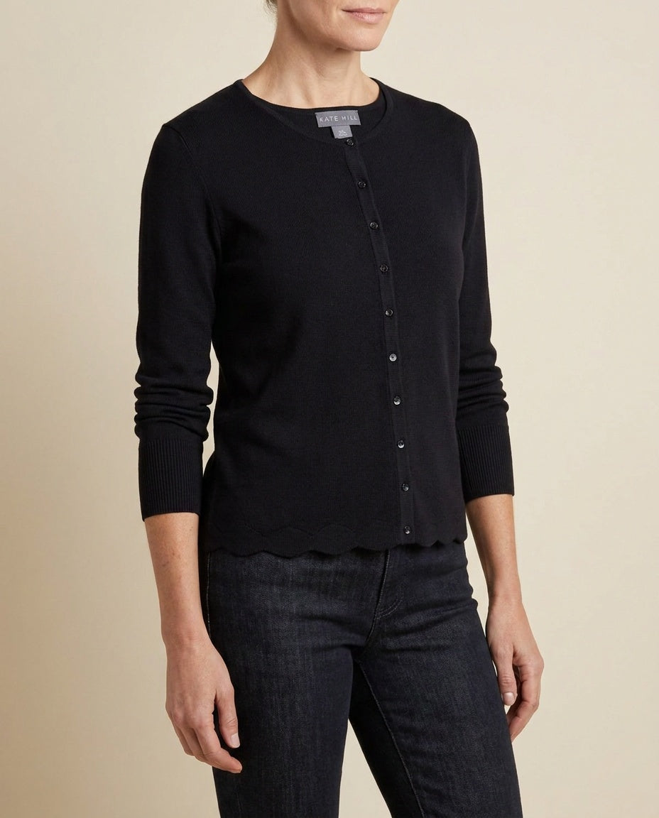 KATE HILL Black Fine Knit Cardigan with Scalloped Hem - photo 5