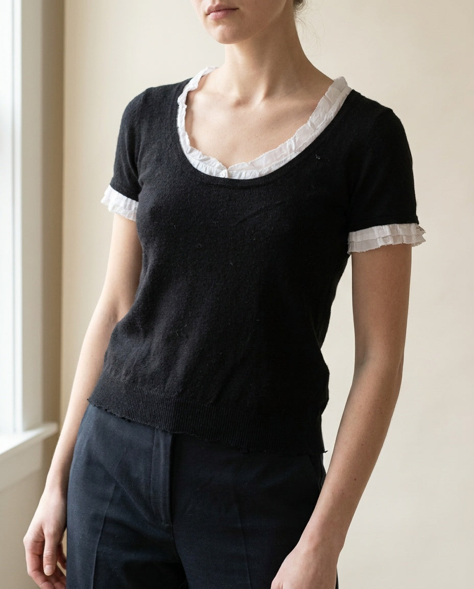 Black Wool-Blend Knit Top with White Contrast Trim - photo 5