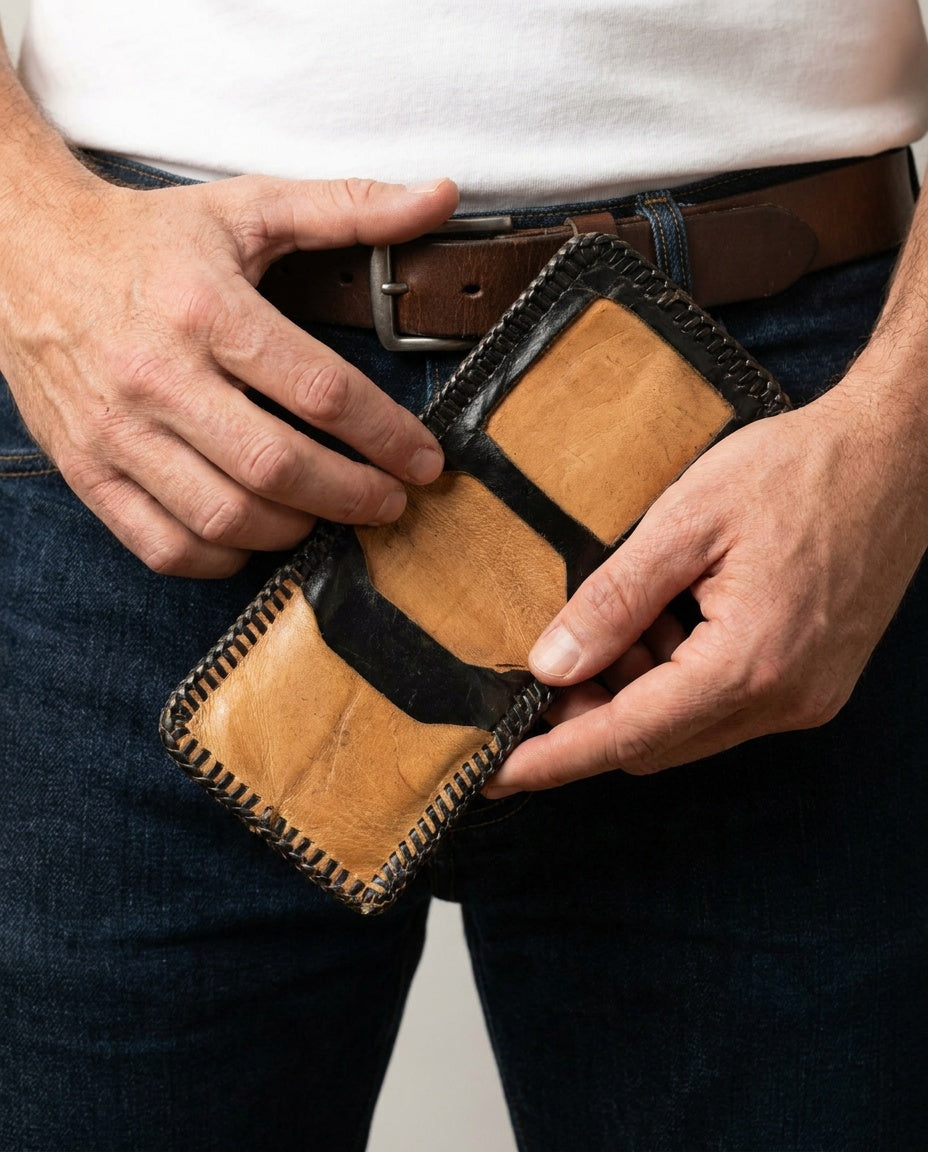 Vintage Hair-on-Hide Bifold Wallet with Black Leather Frame and Tan Interior Panels - photo 4