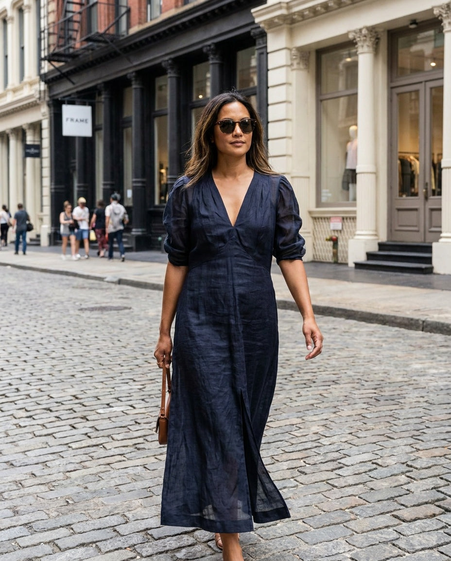 FRAME Navy Semi-Sheer Midi Dress with Puff Sleeves - photo 5