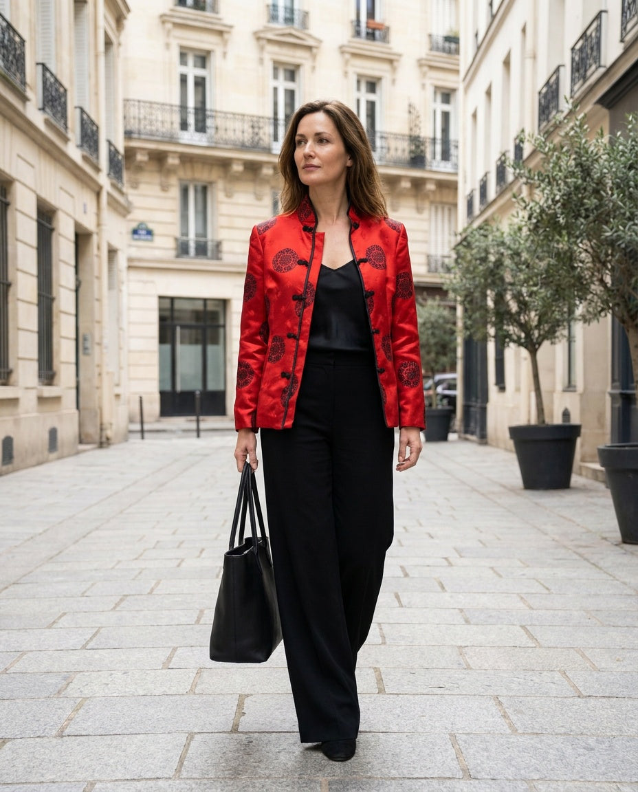 Jeccy Uniform Red Mandarin Collar Jacket with Black Medallion Motifs - photo 5
