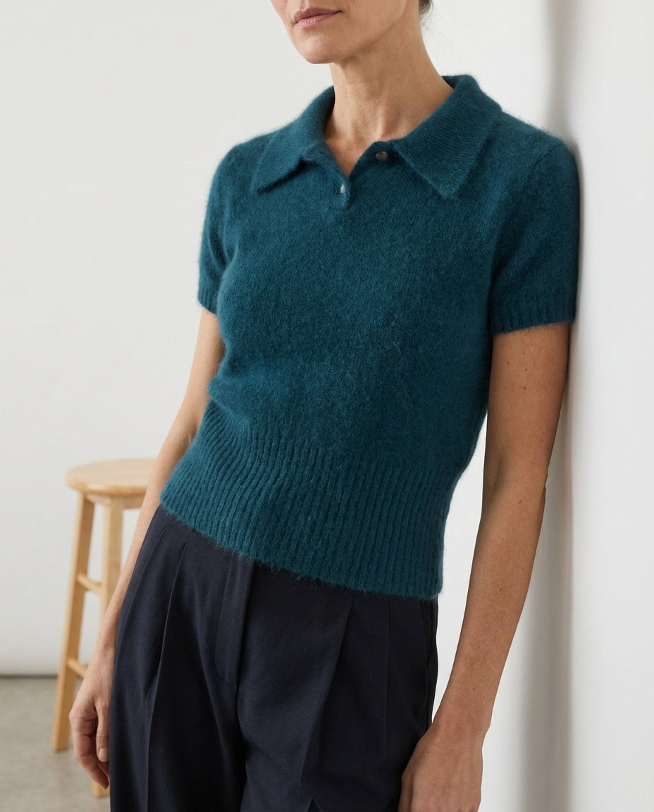 Limited London Paris New York Teal Short-Sleeve Angora Knit Polo Sweater - photo 5