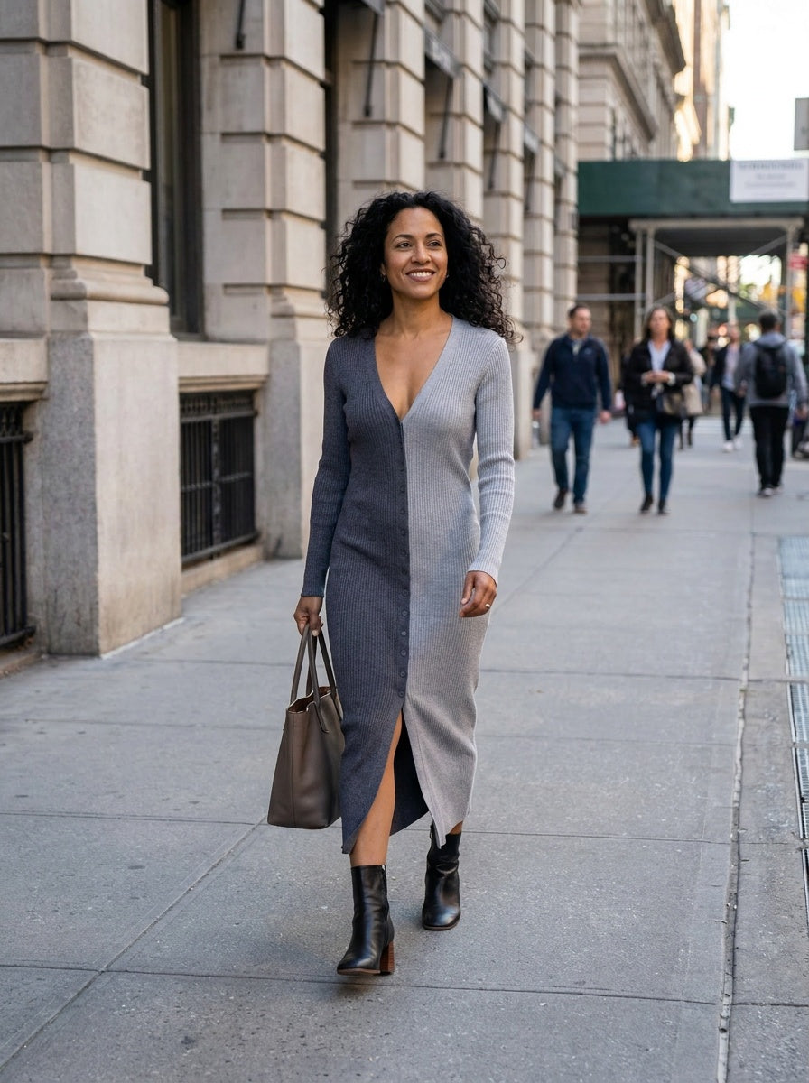 STAUD Ribbed Knit Colorblock Midi Dress in Dark Charcoal & Light Heather Grey - photo 5