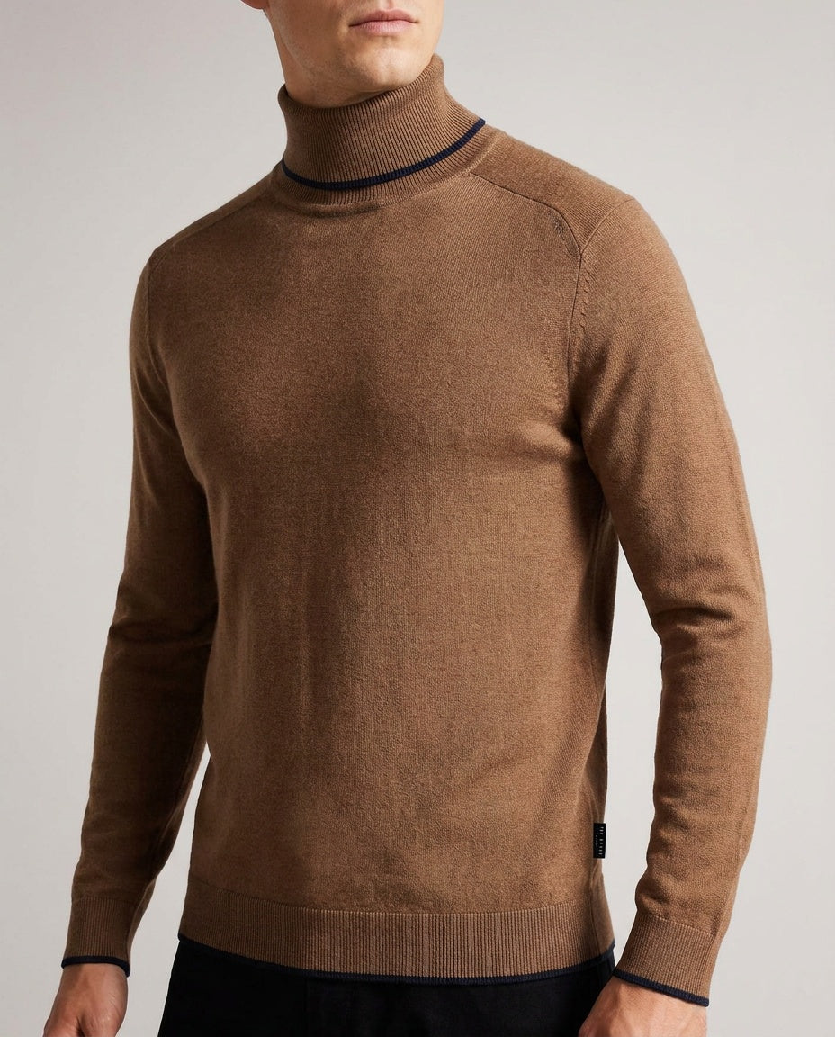 Ted Baker London Fine-Knit Turtleneck Sweater in Medium Brown with Navy Trim - photo 5