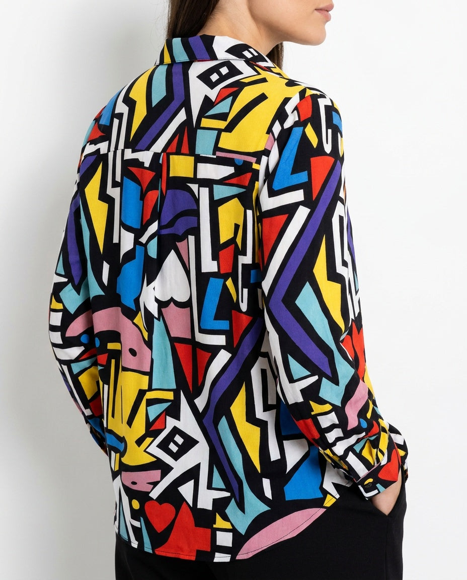 BIG DART 1980s-1990s Long-Sleeve Abstract Geometric Print Blouse - photo 5