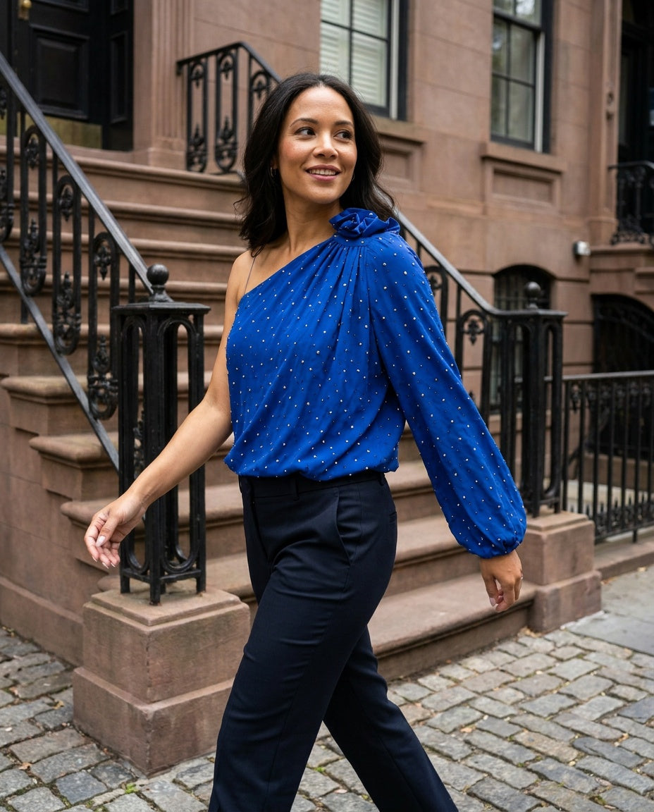 Robert Rodriguez One-Shoulder Studded Blouse with Built-In Camisole Lining, Cobalt Blue - photo 5