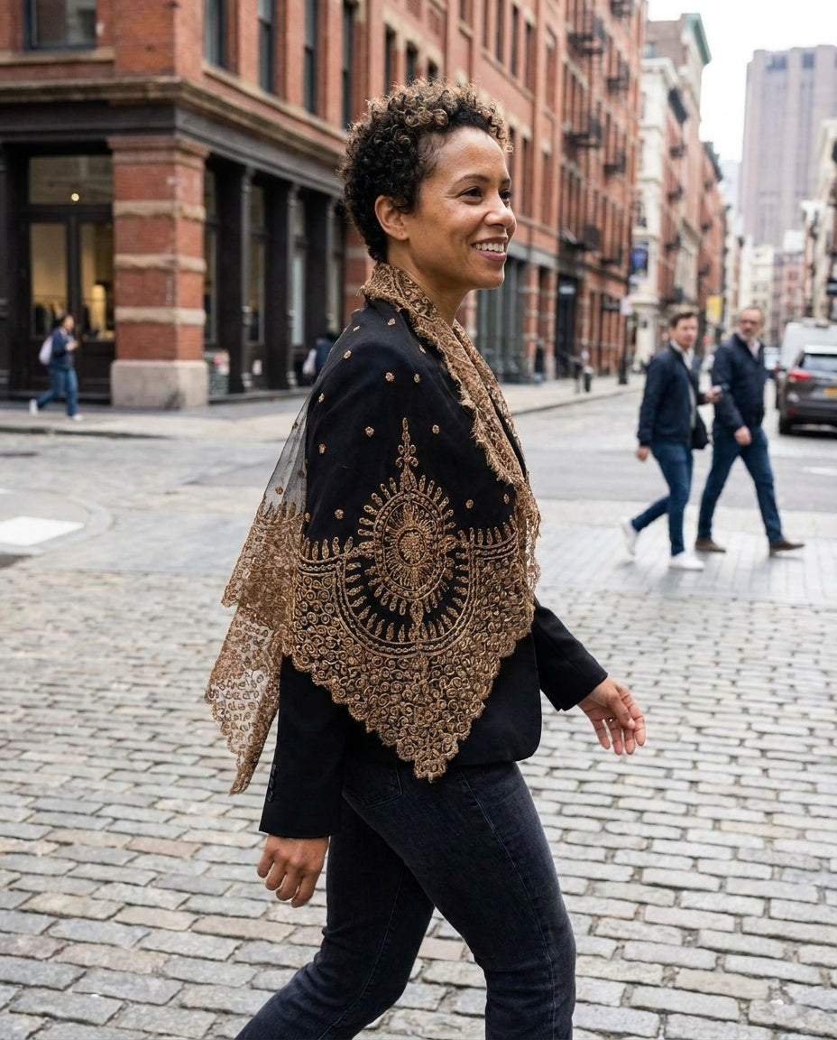 Triangular Embroidered Net Shawl with Bronze/Gold Metallic Thread - photo 1